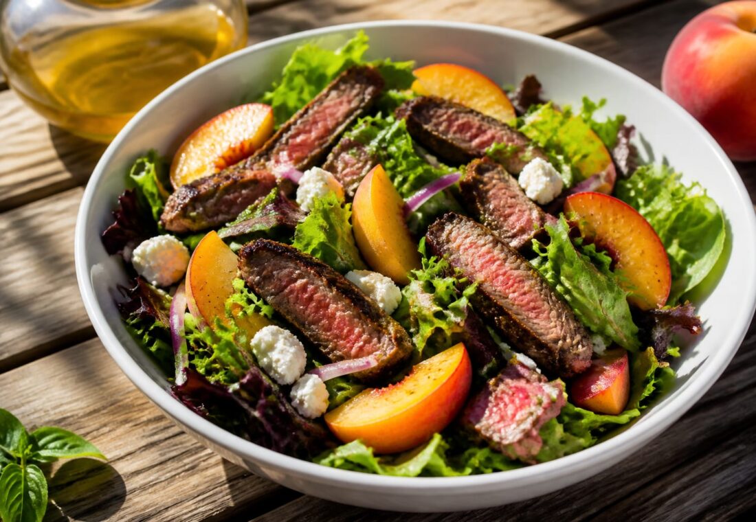Salata cu vită și piersici se pregătește în mai puțin de o oră pentru o cină de vară