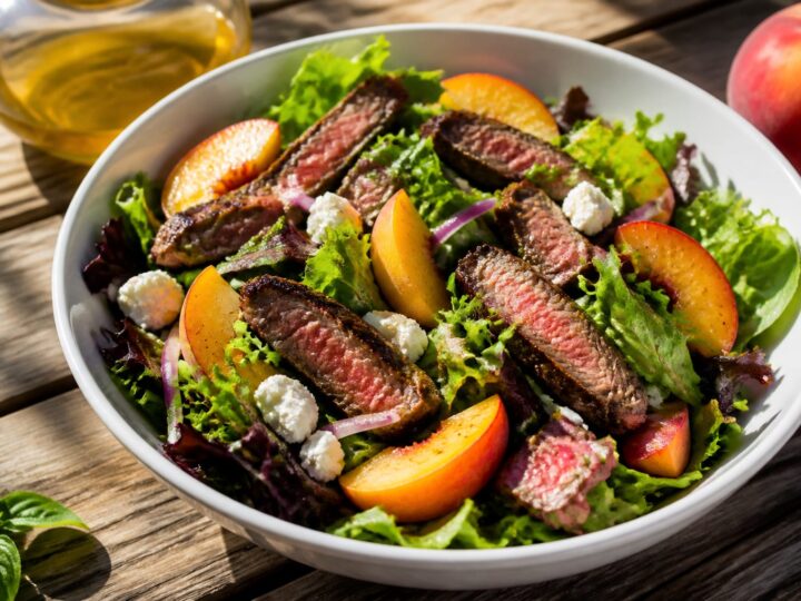 Salata cu vită și piersici se pregătește în mai puțin de o oră pentru o cină de vară