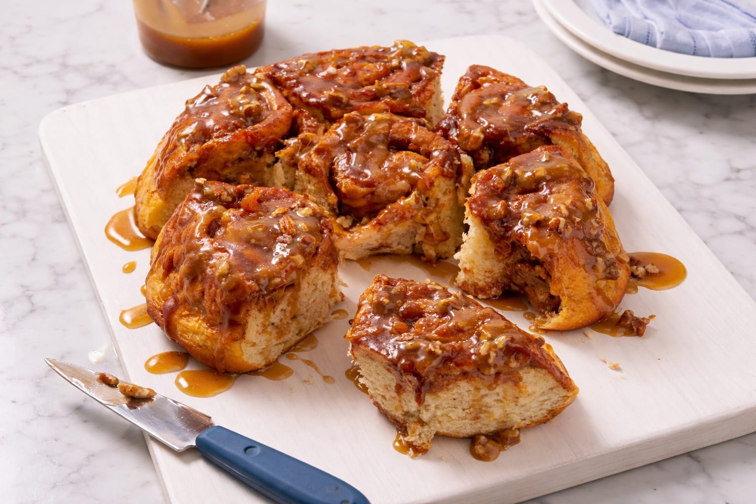 Sticky buns cu piersici se coc 35-40 de minute la 190°C și au două dospiri de câte o oră